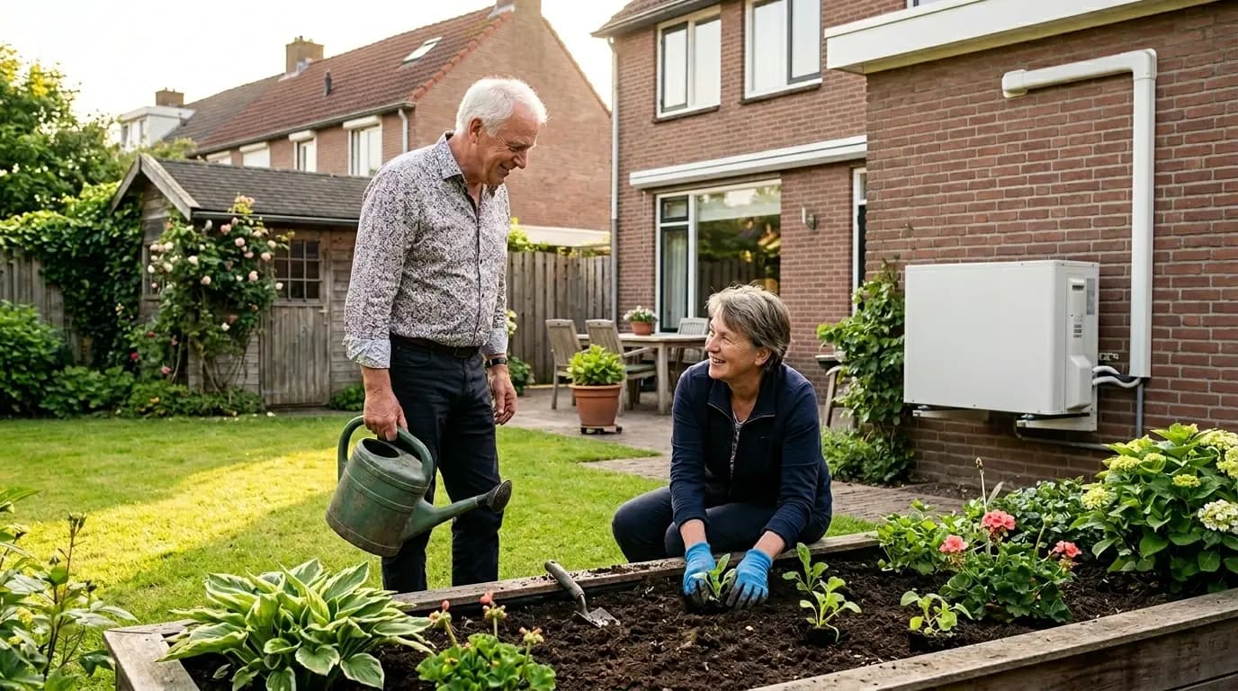 Tevreden huiseigenaar bij vrijstaande woning met warmtepomp buitenunit in tuin