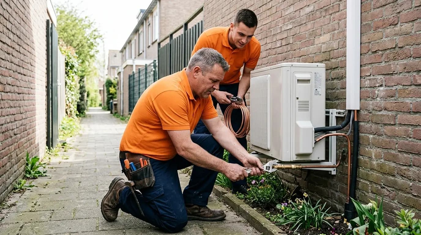 Professionele installateur installeert warmtepomp bij Nederlandse woning