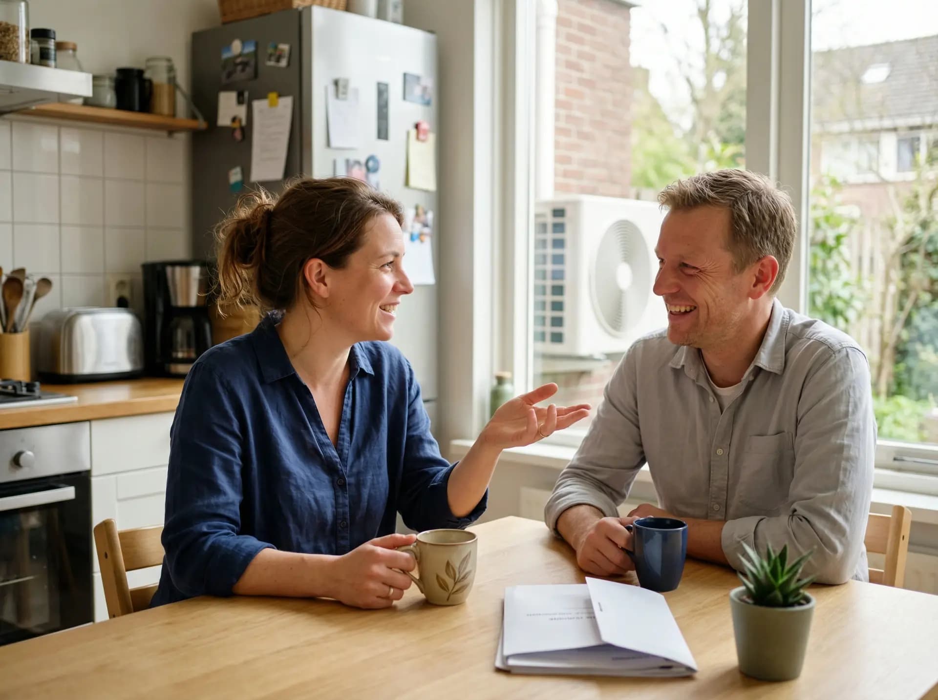 Huiseigenaar bekijkt ISDE-subsidieaanvraag op laptop aan keukentafel