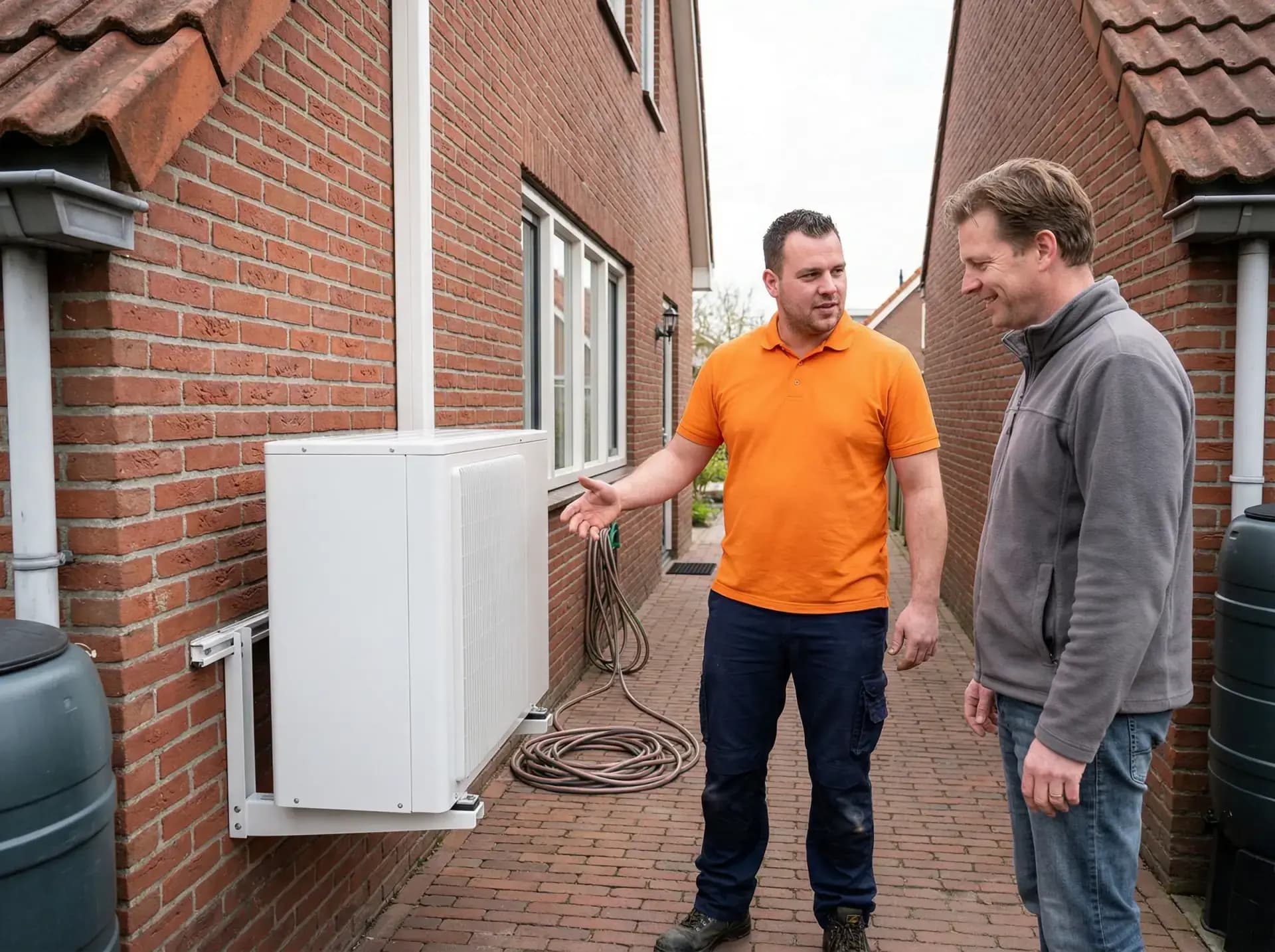 Installateur plaatst buitenunit van warmtepomp tegen gevel Nederlandse woning