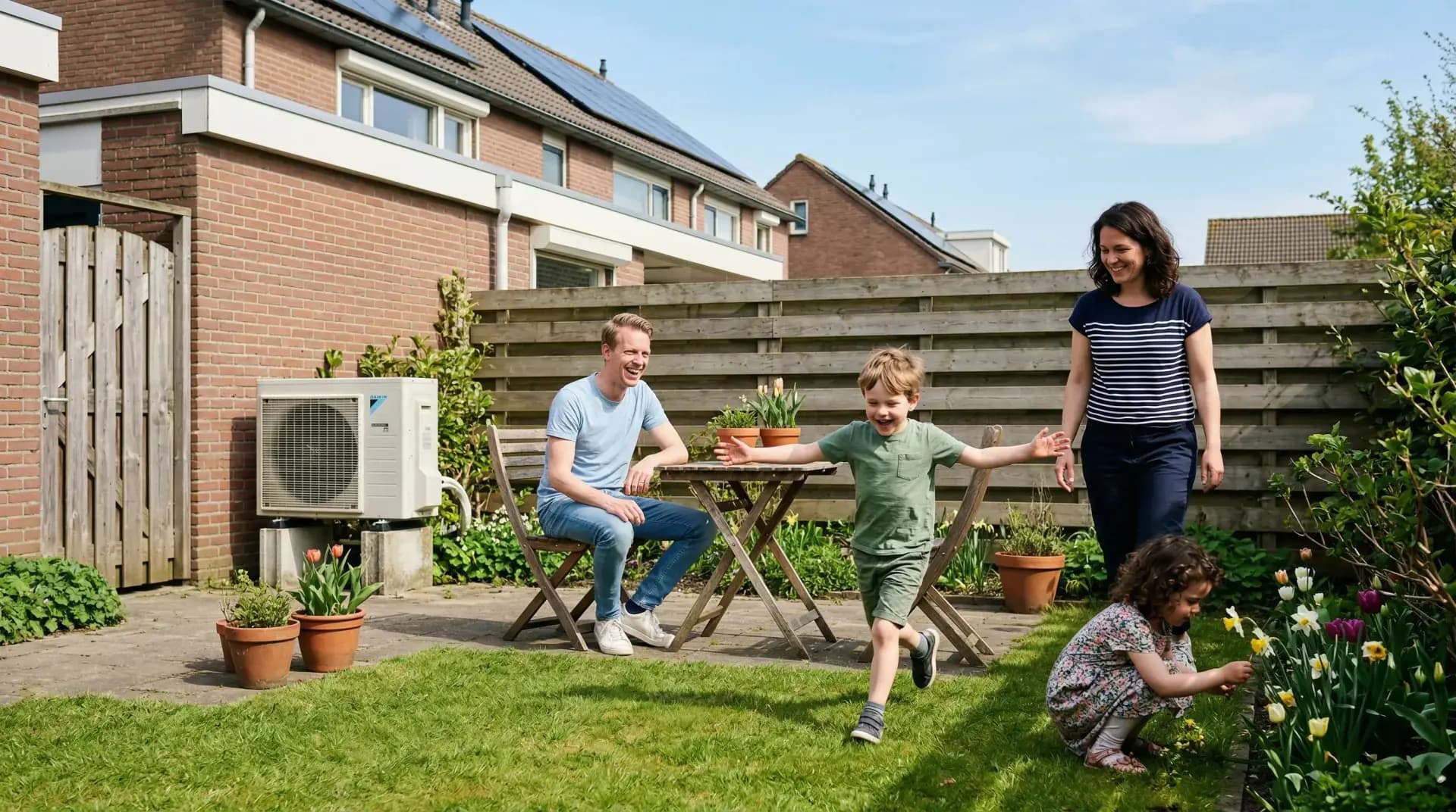 Jong gezin in tuin bij Nederlandse woning met warmtepomp buitenunit
