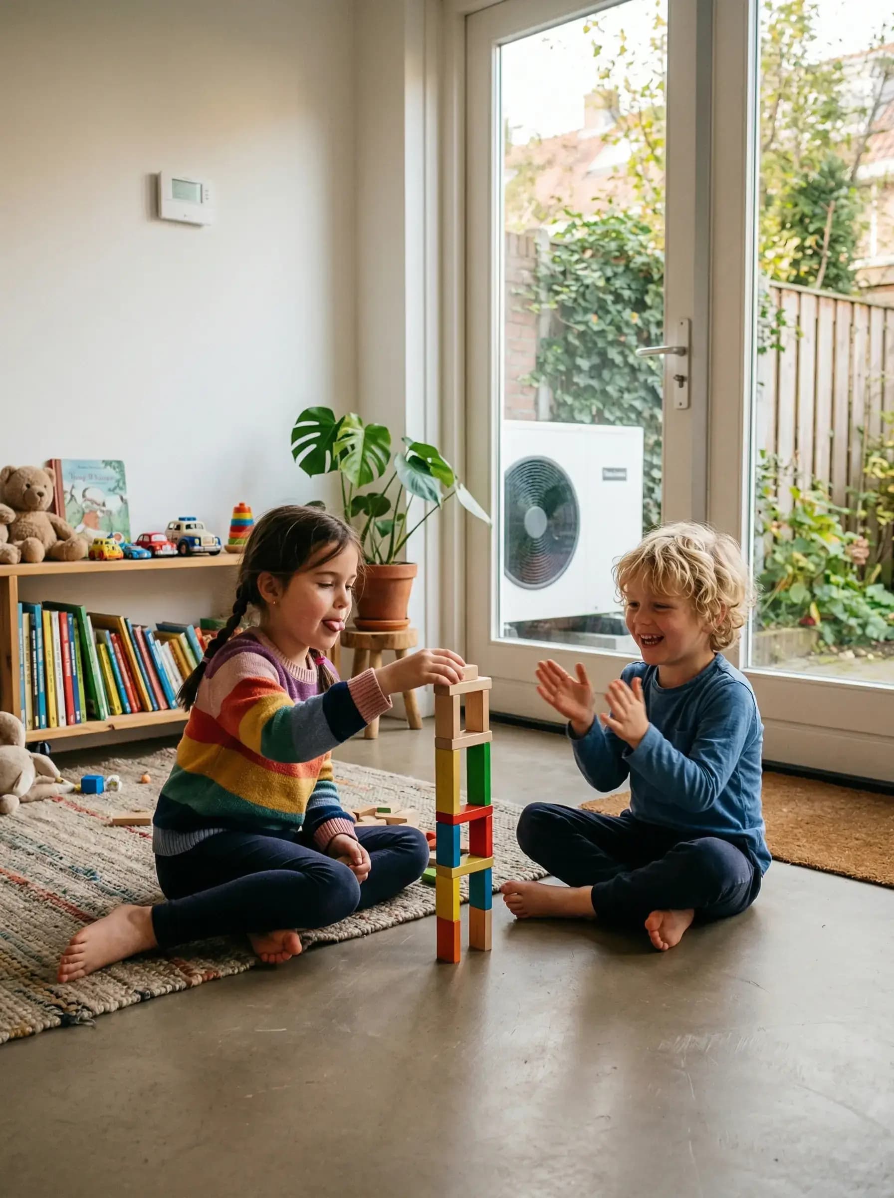 Peuter speelt op warme vloer in huiskamer terwijl ouders ontspannen op de bank