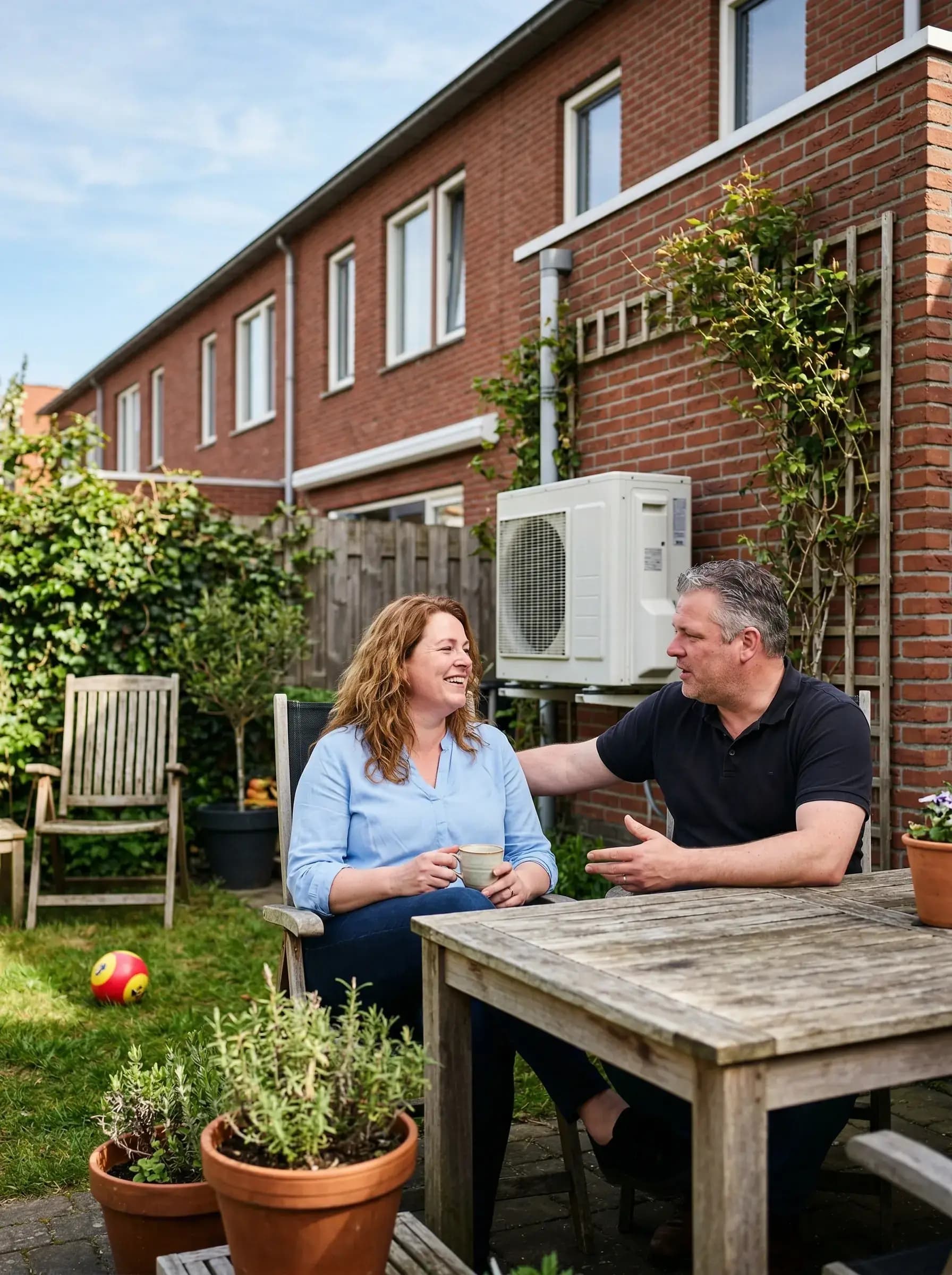 Jong stel drinkt koffie op het terras met warmtepomp buitenunit langs de tuinmuur