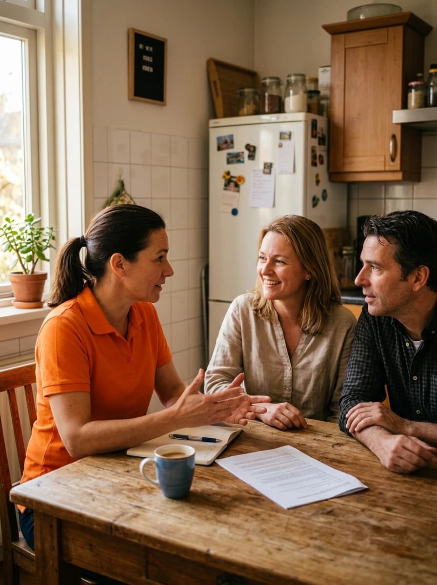 Energieadviseur bespreekt zonnepanelen offerte met huiseigenaar aan keukentafel
