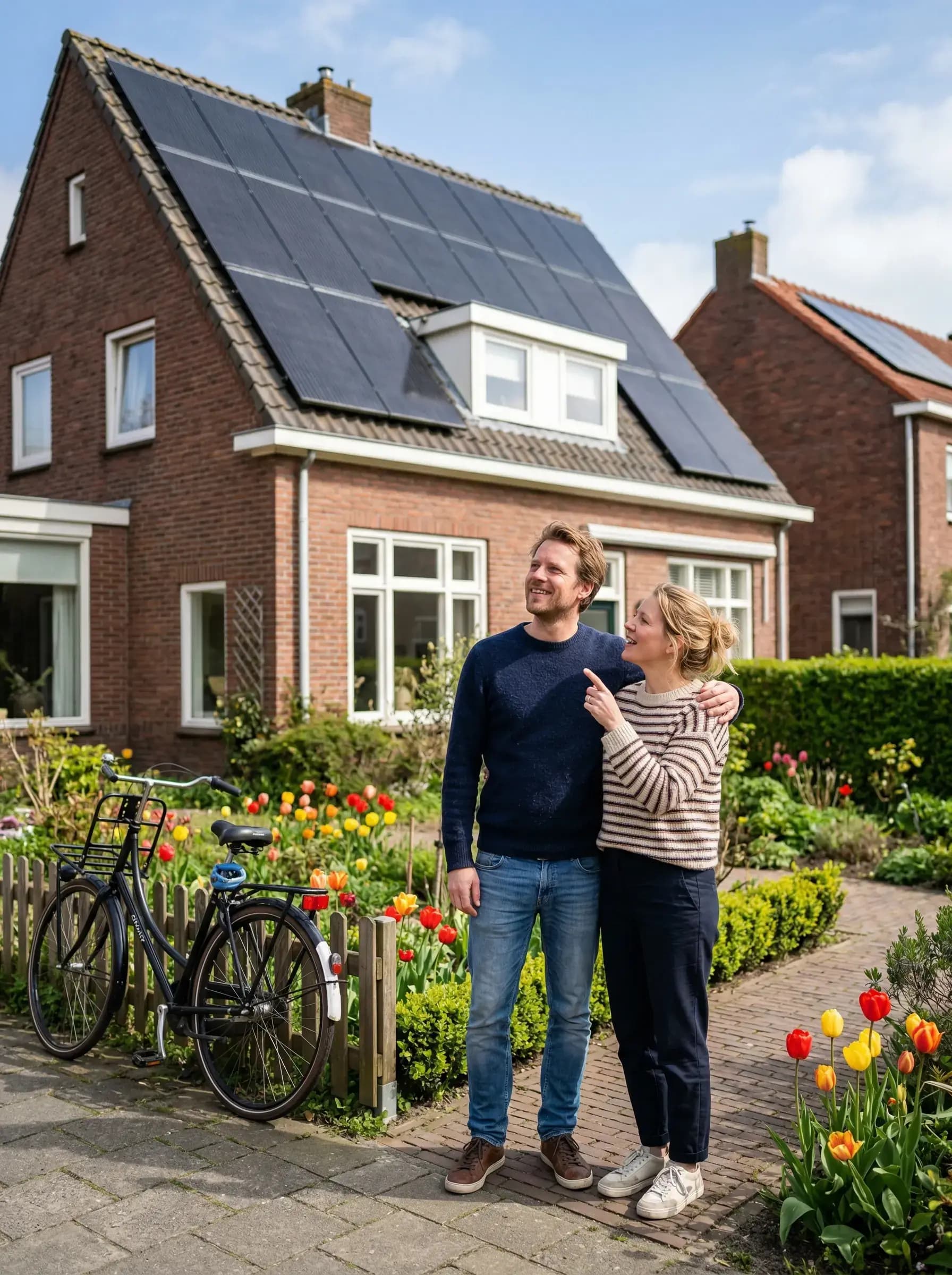 Stel bekijkt hun dak en overlegt over zonnepanelen installatie
