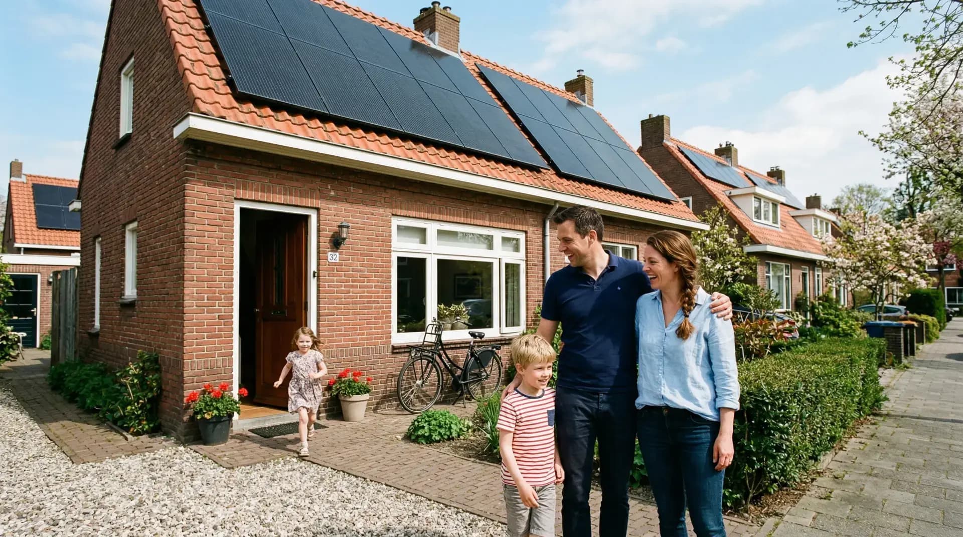 Blij gezin in voortuin van woning met nieuw geïnstalleerde zonnepanelen