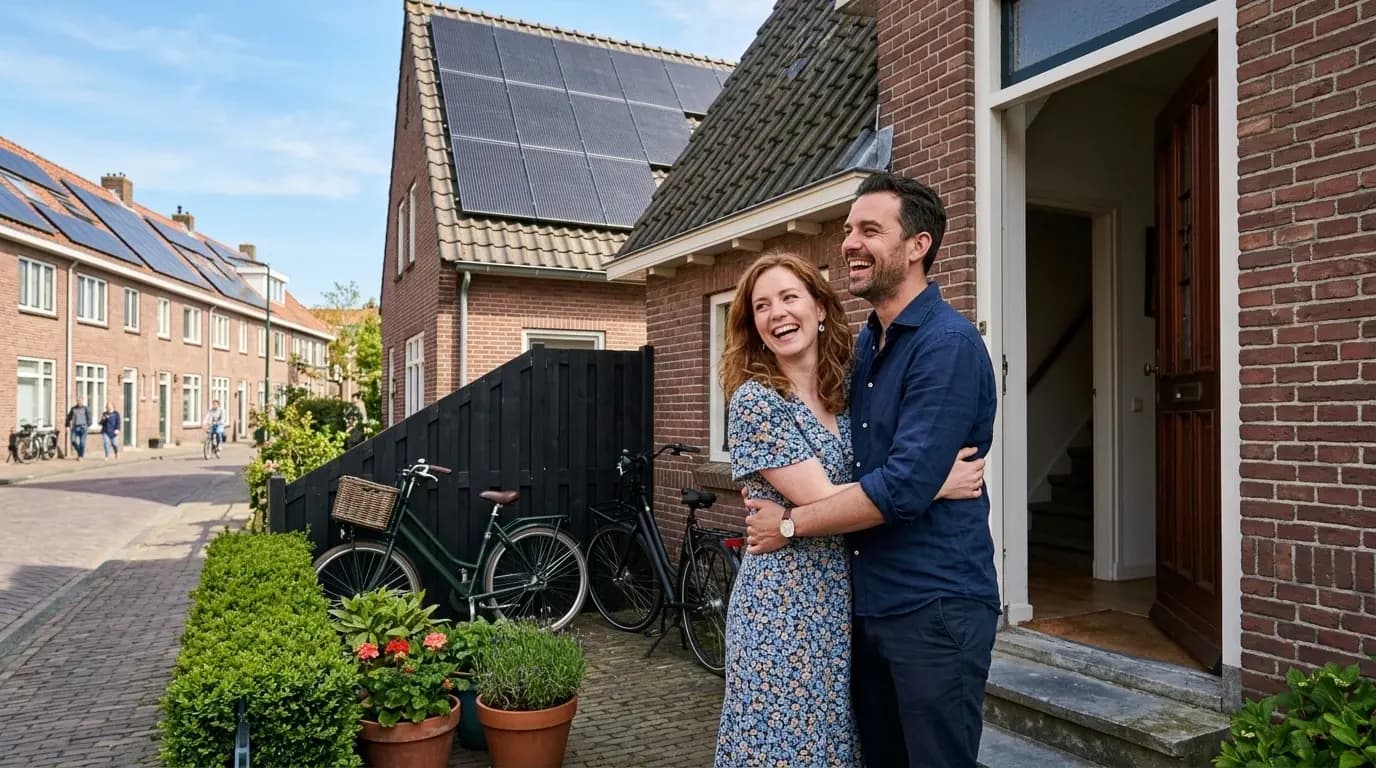 Blij stel voor hun woning met nieuw geïnstalleerde zonnepanelen