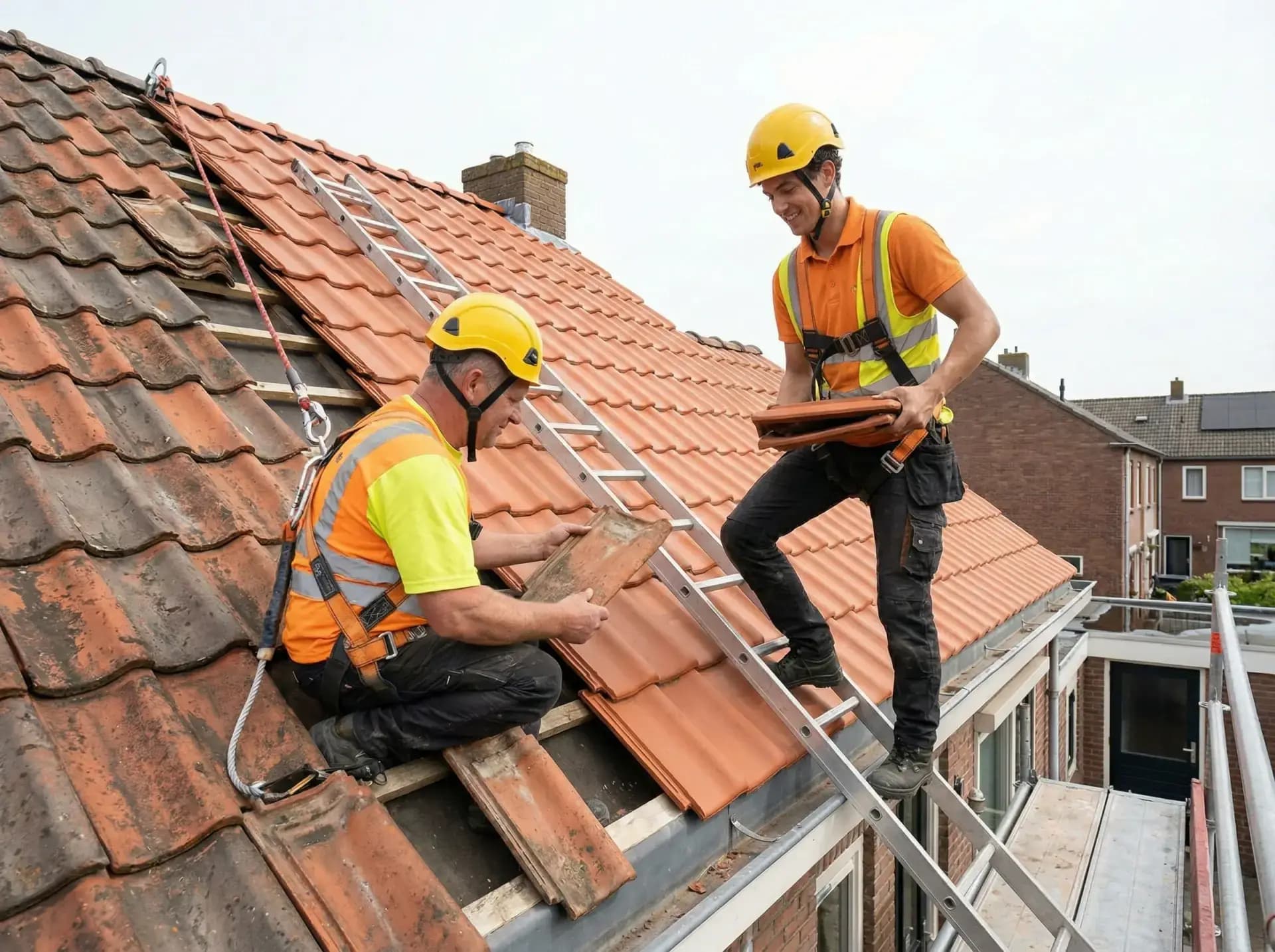 Dakdekker aan het werk bij een dakrenovatie van een Nederlandse woning