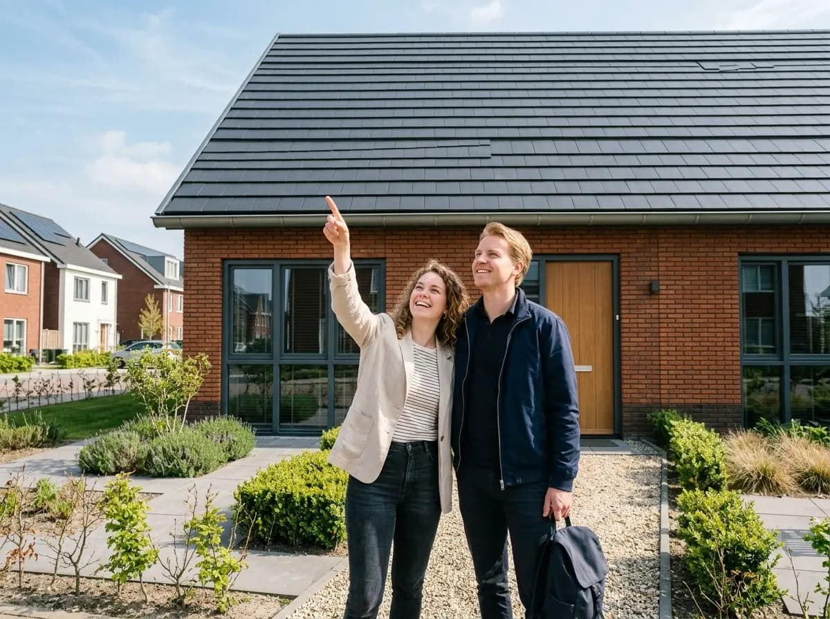 Dakpan-zonnepanelen geïntegreerd in het dak van een nieuwbouwwoning