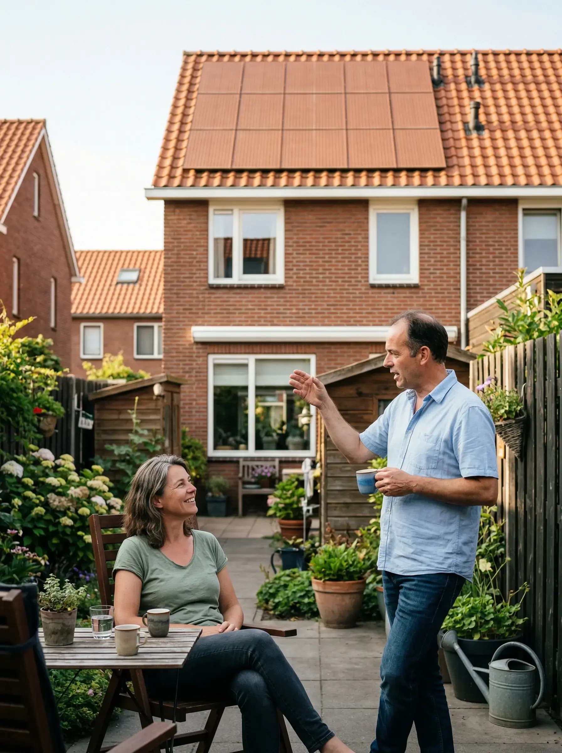 Echtpaar bespreekt dakopties samen terwijl ze naar hun woning kijken