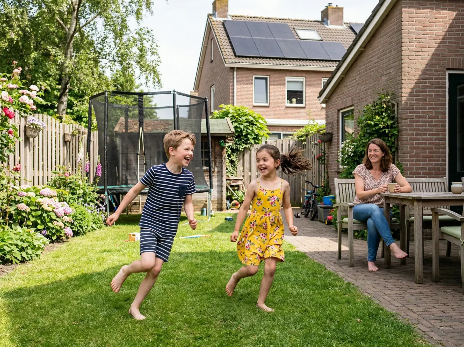 Gezin met twee kinderen spelend in de tuin van hun woning met zonnepanelen