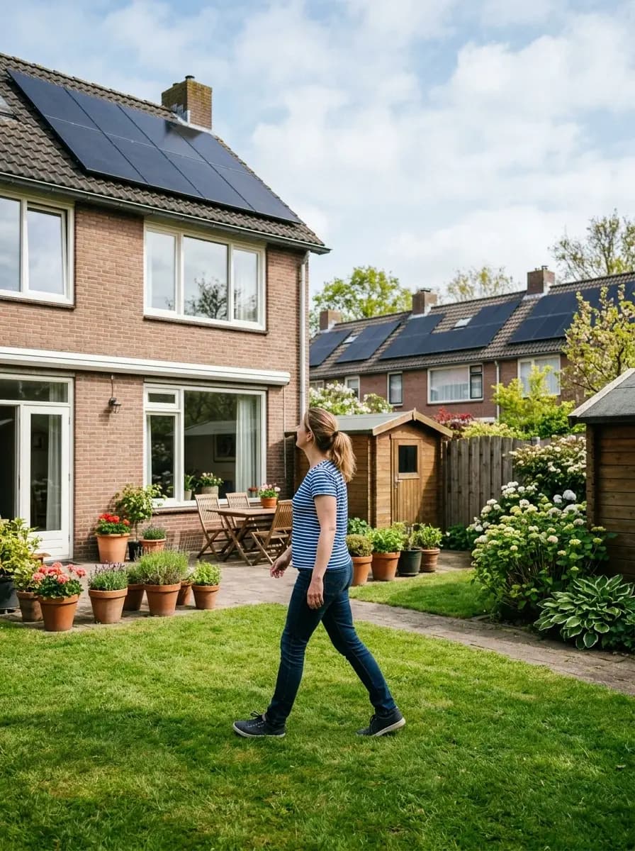 Huiseigenaar bekijkt zijn dak vanuit de tuin voor zonnepanelen installatie