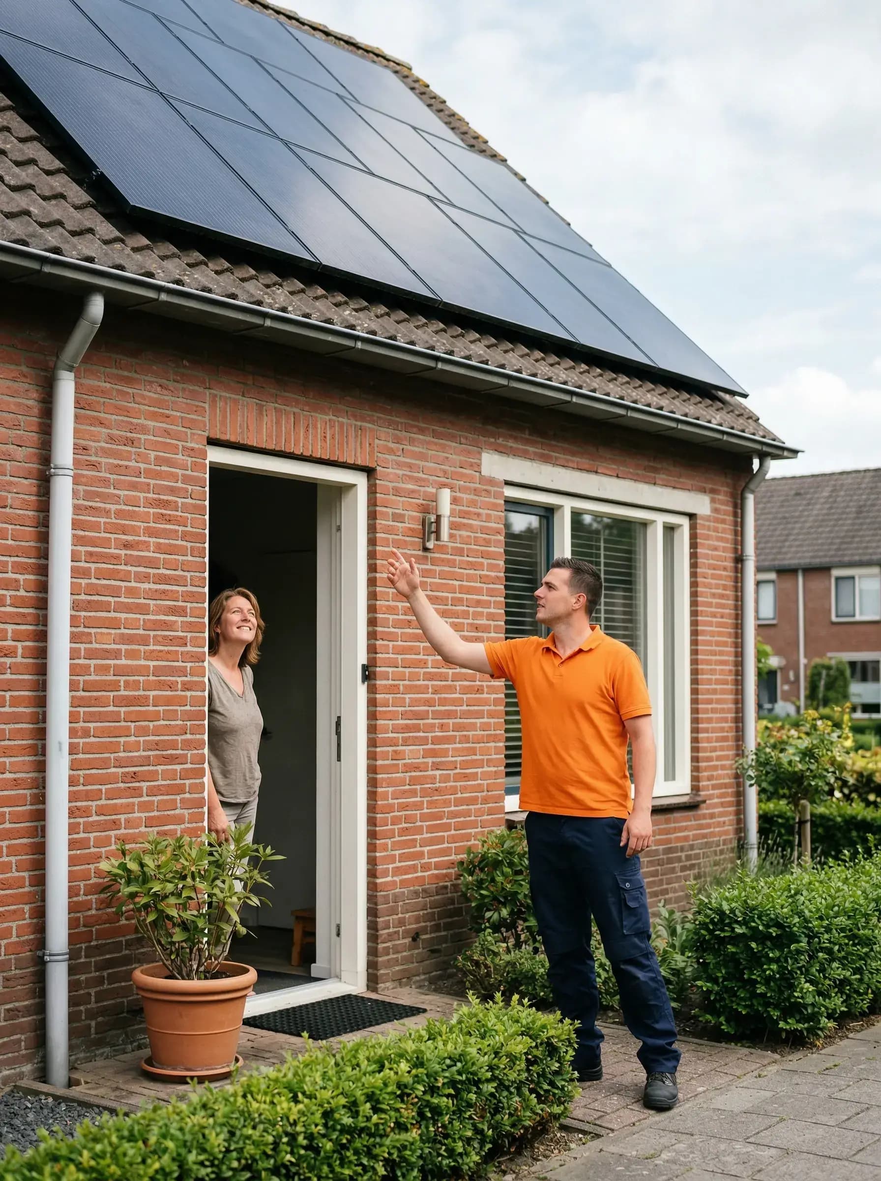 Installateur viert oplevering zonnepanelen met klant bij de voordeur