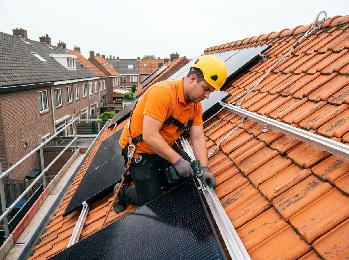 Installateur monteert zonnepanelen op een schuin dak van een Nederlandse woning