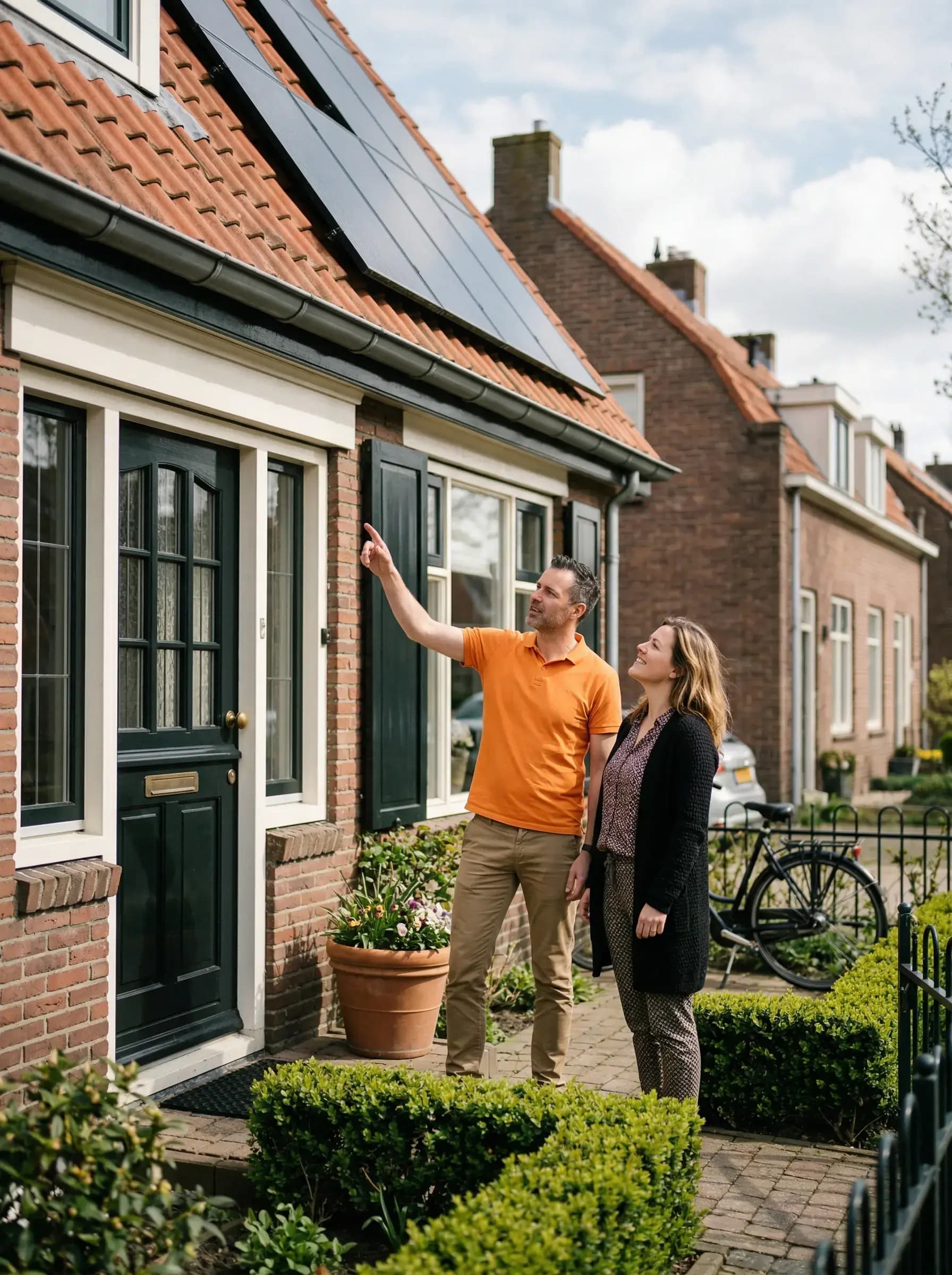 Installateur bespreekt installatieplan met huiseigenaar bij de voordeur