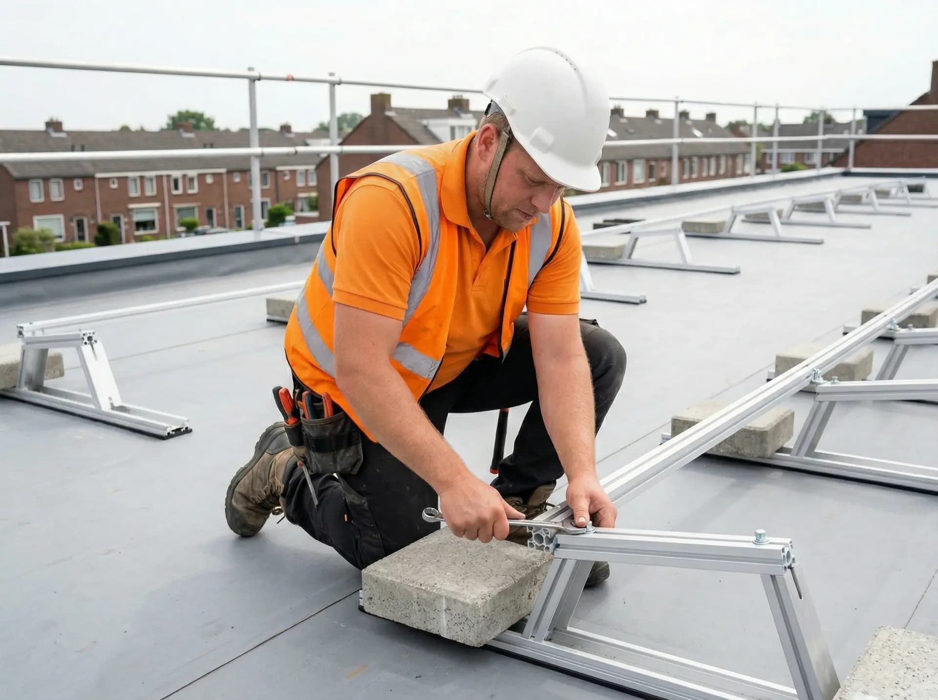 Montageframe met ballast voor zonnepanelen op een plat dak