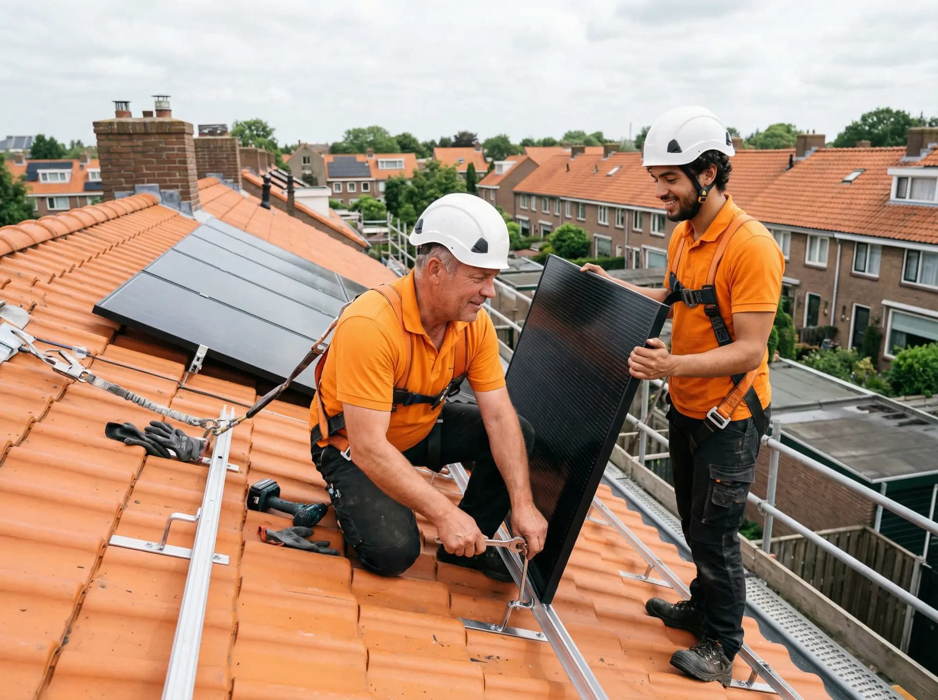 Zonnepanelen bevestigd op montagerails op een schuin dak