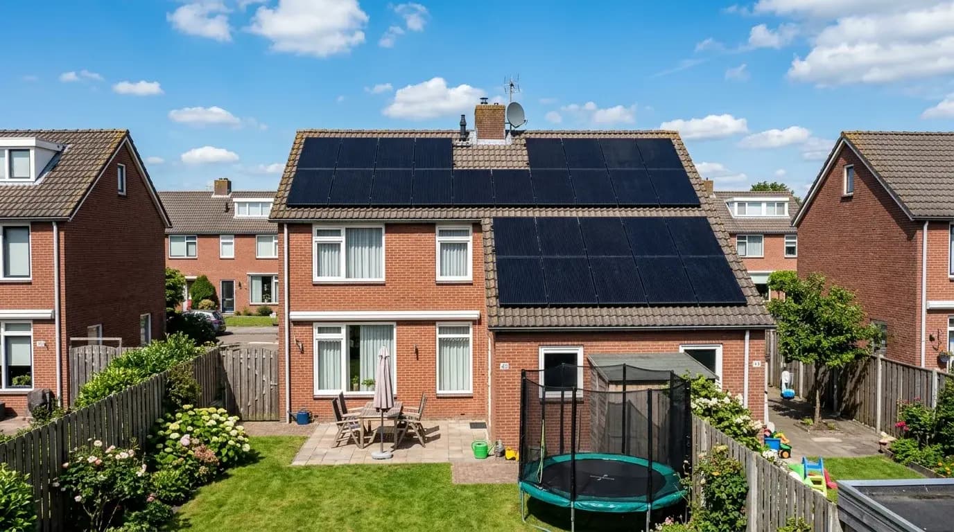 Komplette Solaranlage auf dem Dach eines niederländischen Reihenhauses