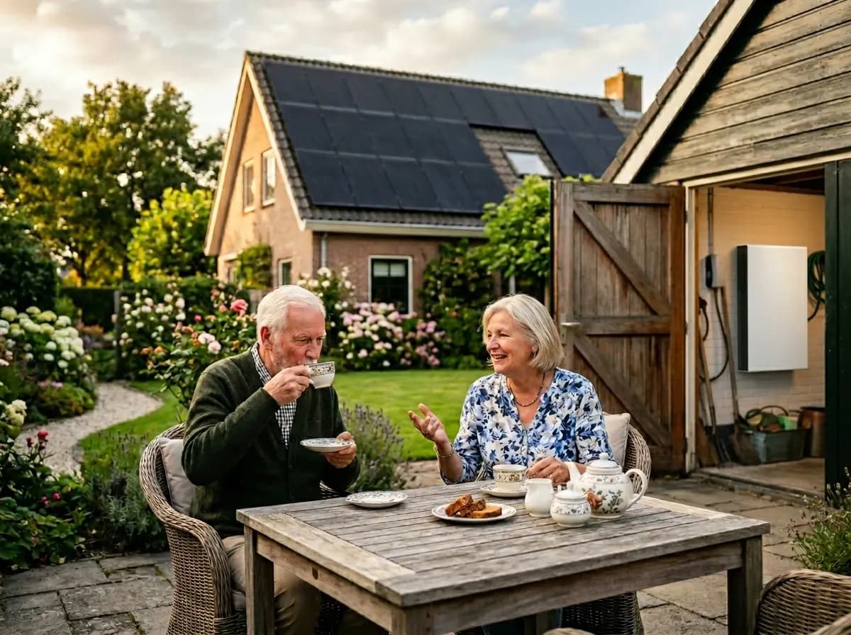 Combinatie van zonnepanelen op dak en thuisbatterij aan de muur