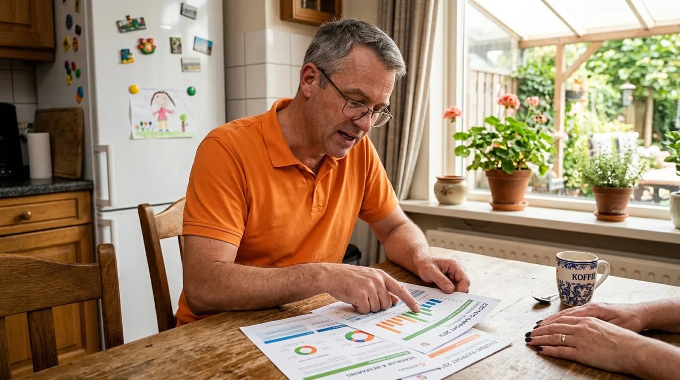 Energieadviseur presenteert adviesrapport aan huiseigenaar in keuken
