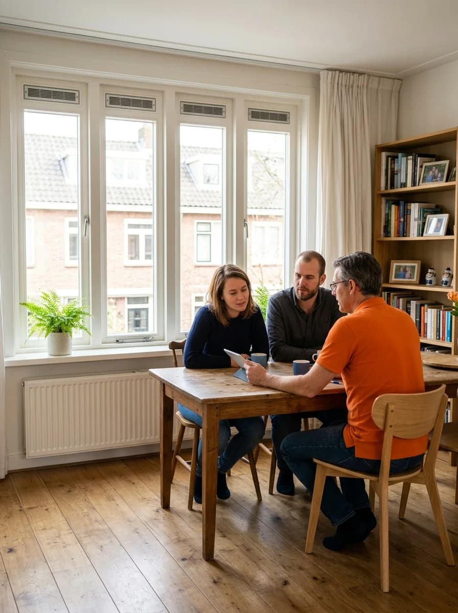 Energieadviseur bespreekt besparingsopties met huiseigenaren aan de eettafel