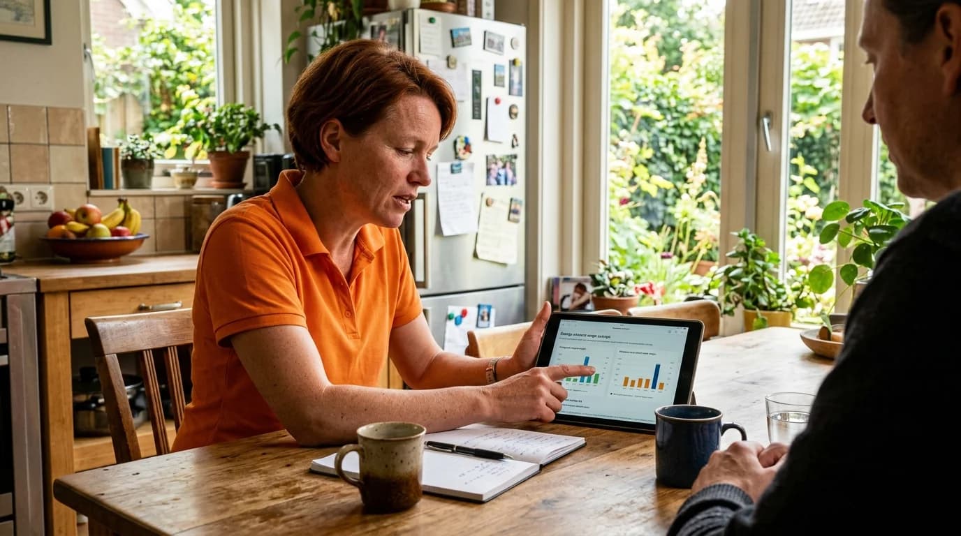 Energieadviseur legt advies uit aan huiseigenaar in de keuken