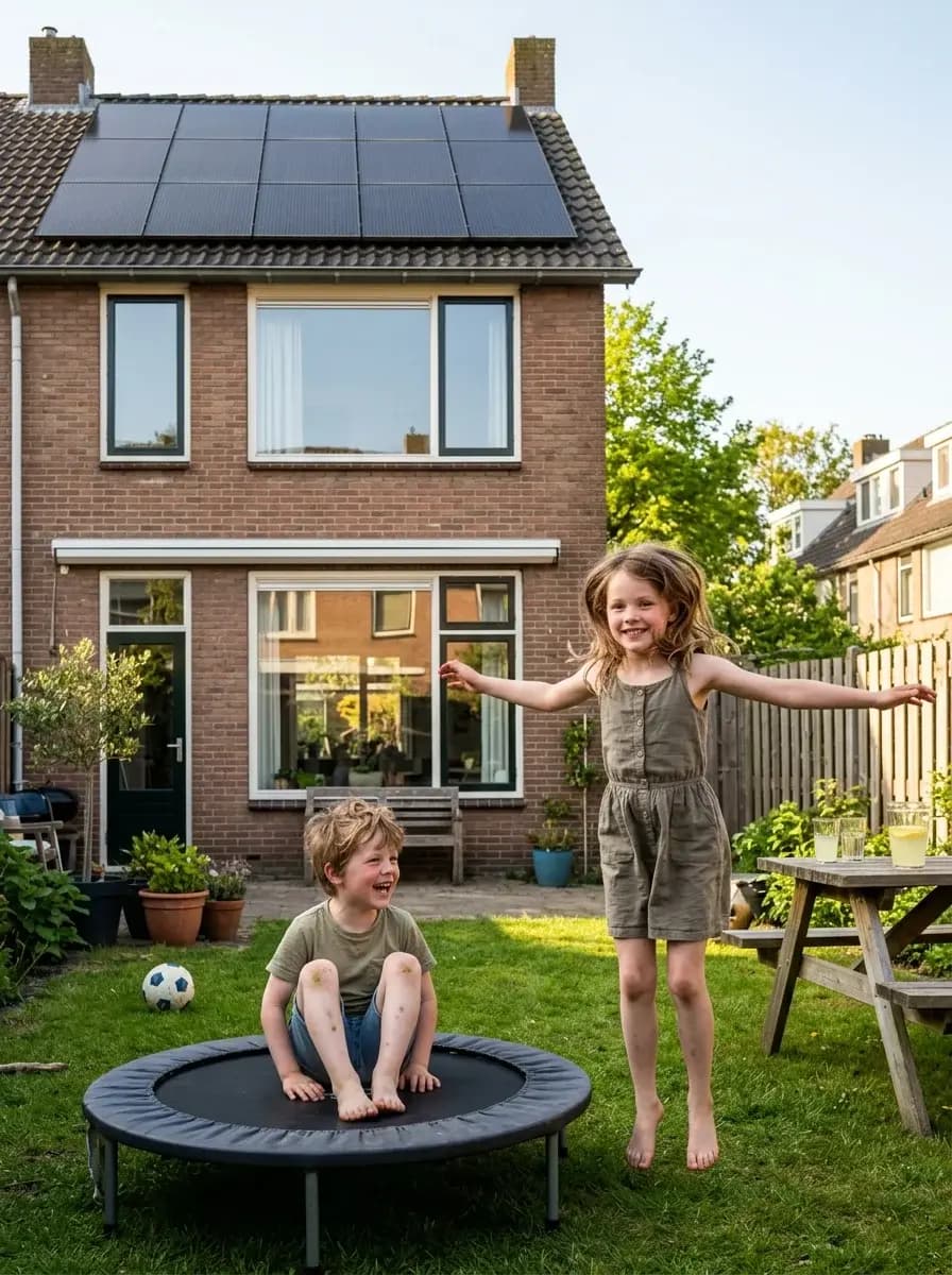 Kinderen spelen in de tuin met zonnepanelen op het dak