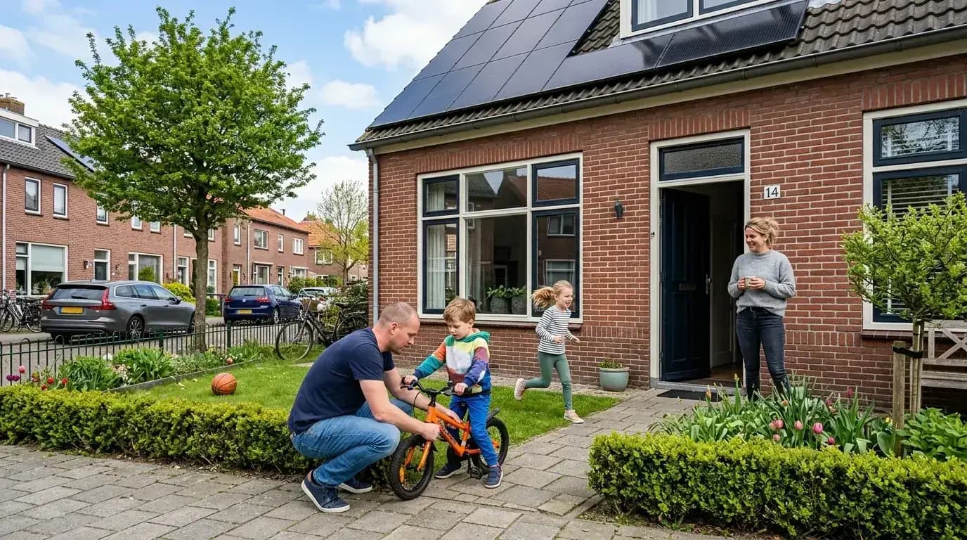 Familie genießt ihr nachhaltiges Zuhause mit Solarmodulen auf dem Dach
