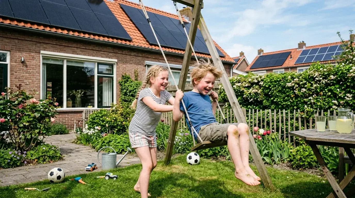 Spielende Kinder im Garten mit Solarmodulen auf dem Dach