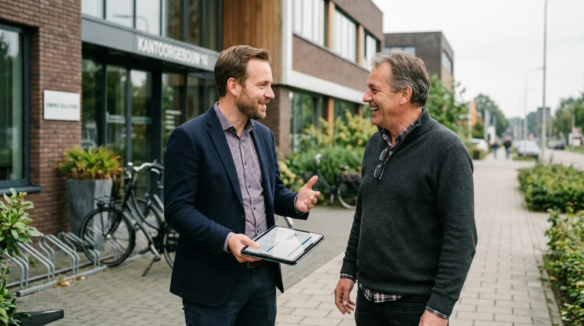 Energieadviseur bespreekt curtailment-analyse met ondernemer op bedrijfslocatie