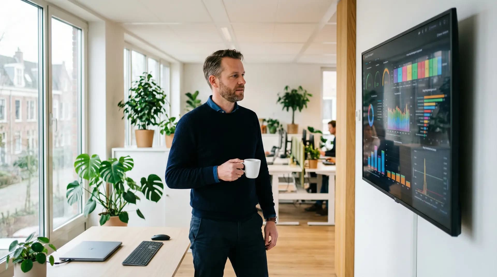 Facility manager bekijkt curtailment-instellingen op energiemanagement dashboard in modern kantoor