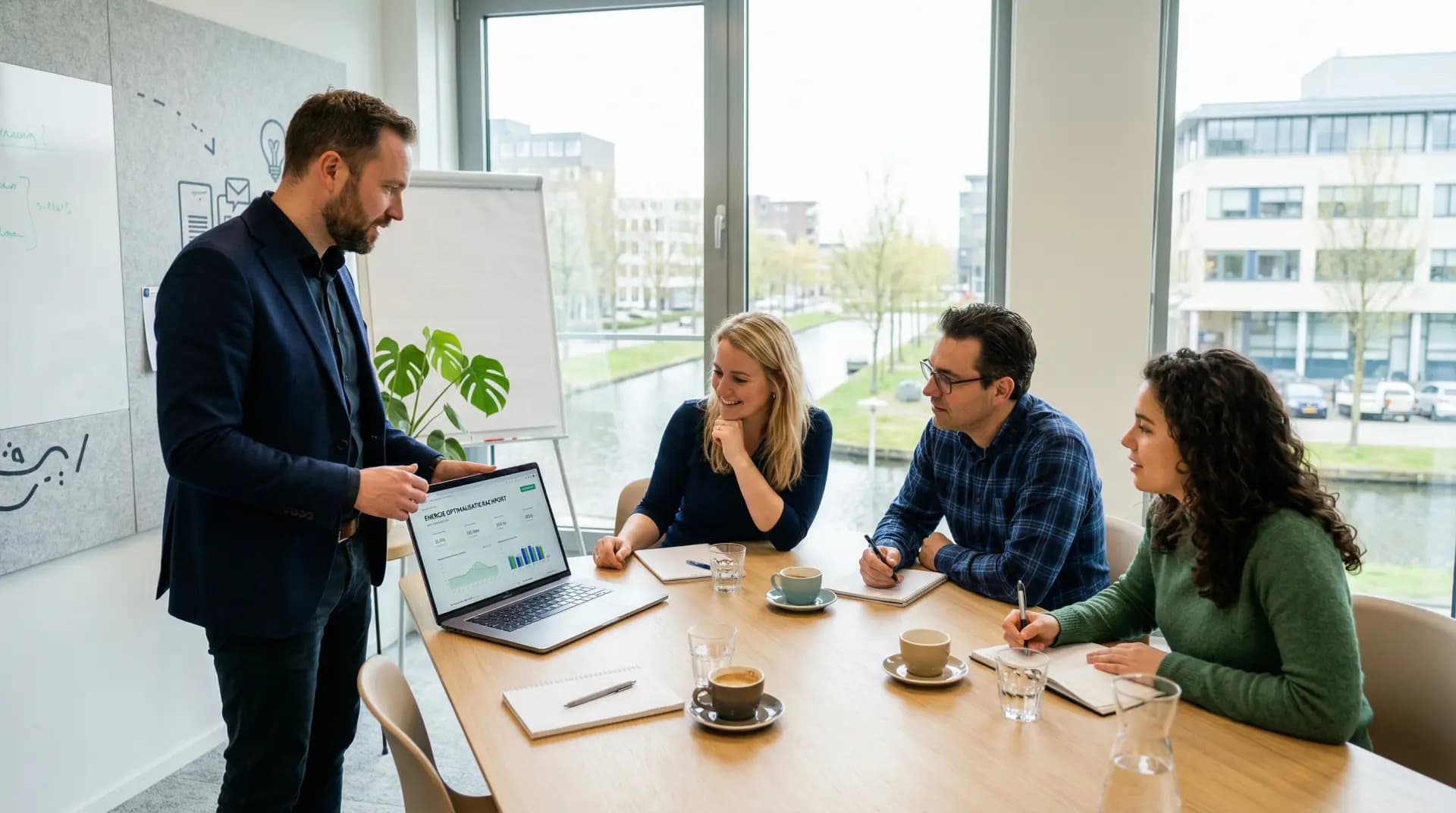 Energieadviseur geeft eerlijk advies over curtailment-strategie aan MKB-team in vergaderruimte