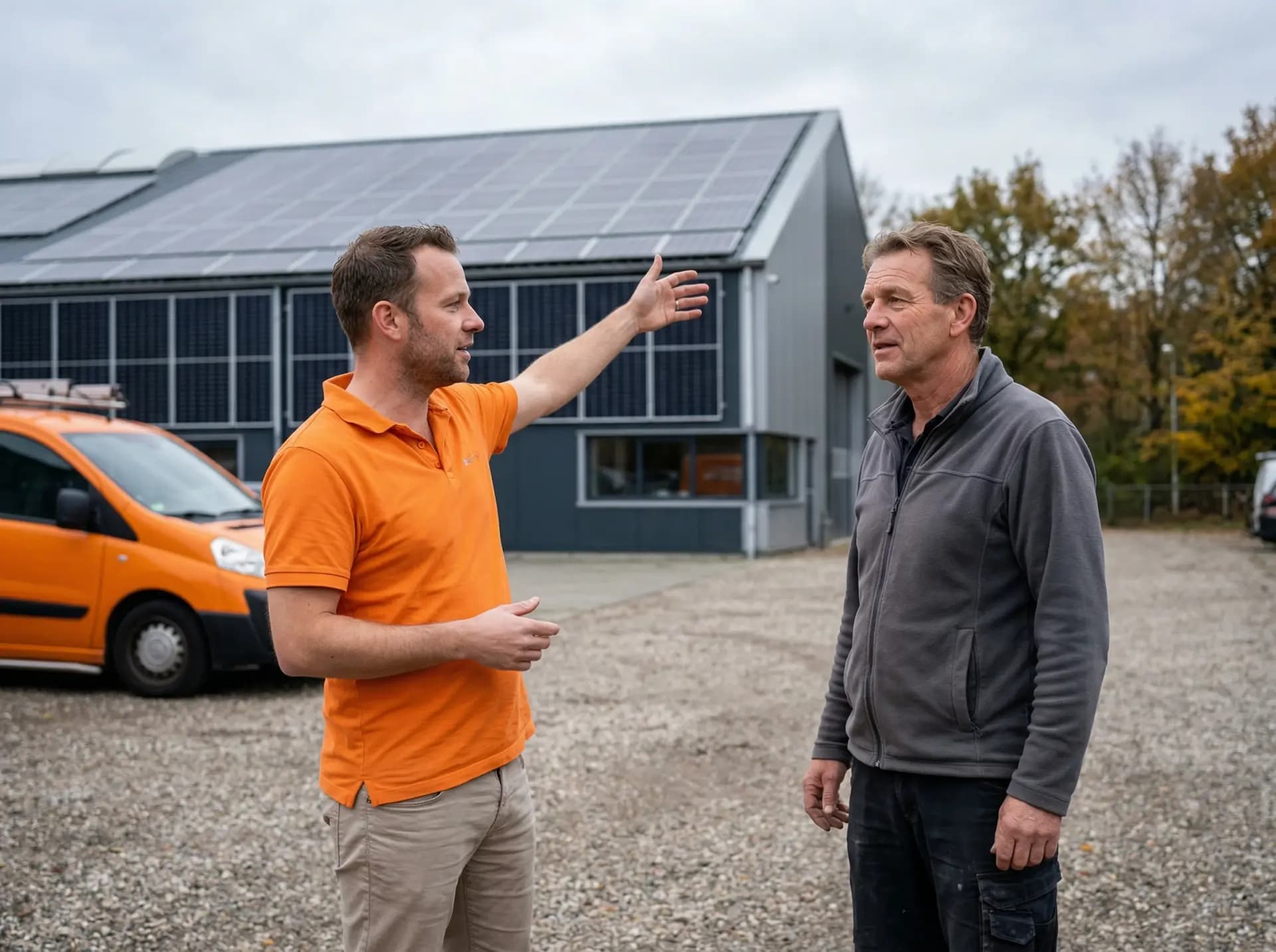 Energieadviseur in oranje polo bespreekt EMS-quickscan met ondernemer op bedrijfsterrein