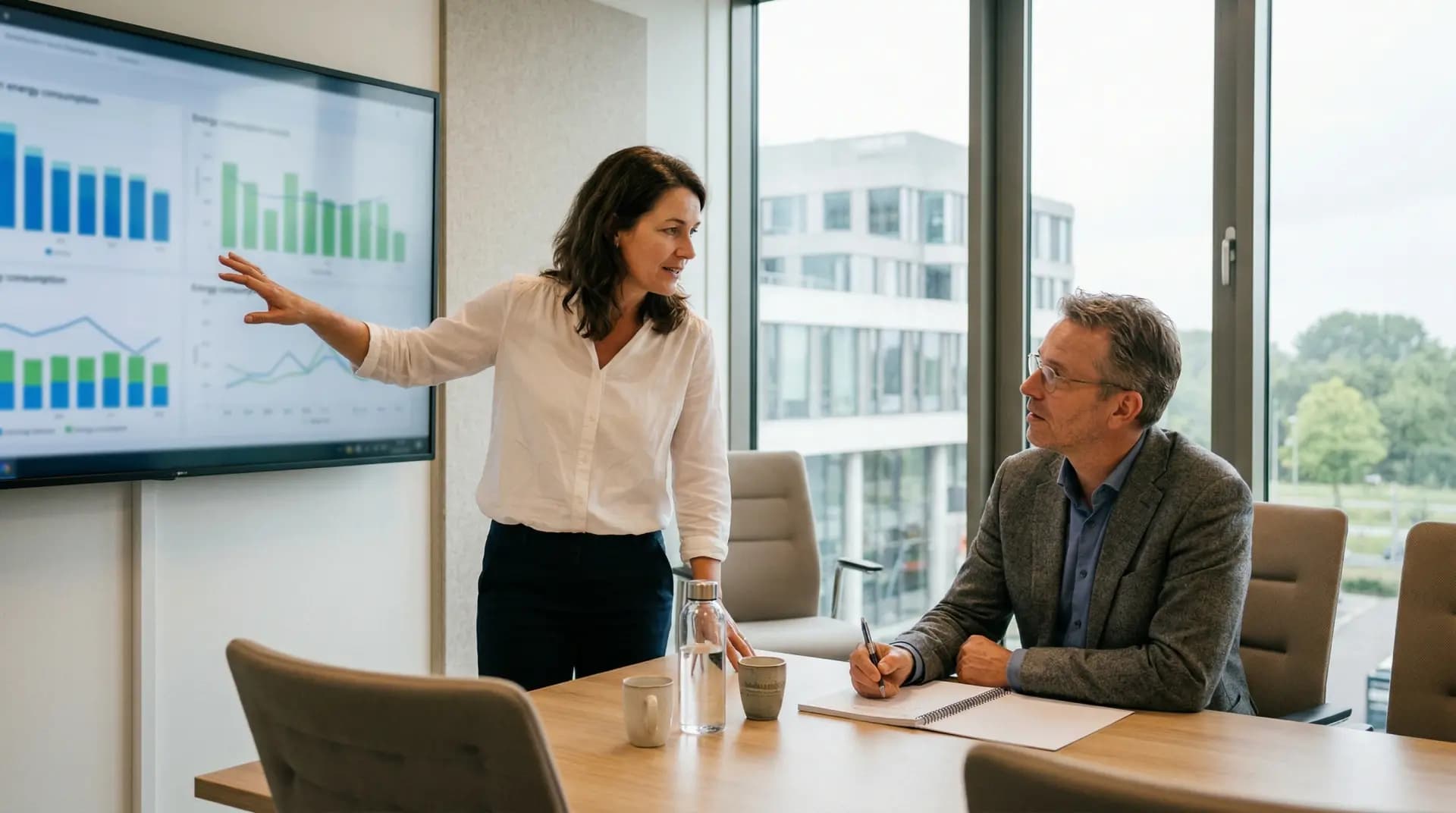 Zakelijke adviseur bespreekt nieuwe Energiewet 2026 regelgeving met ondernemer