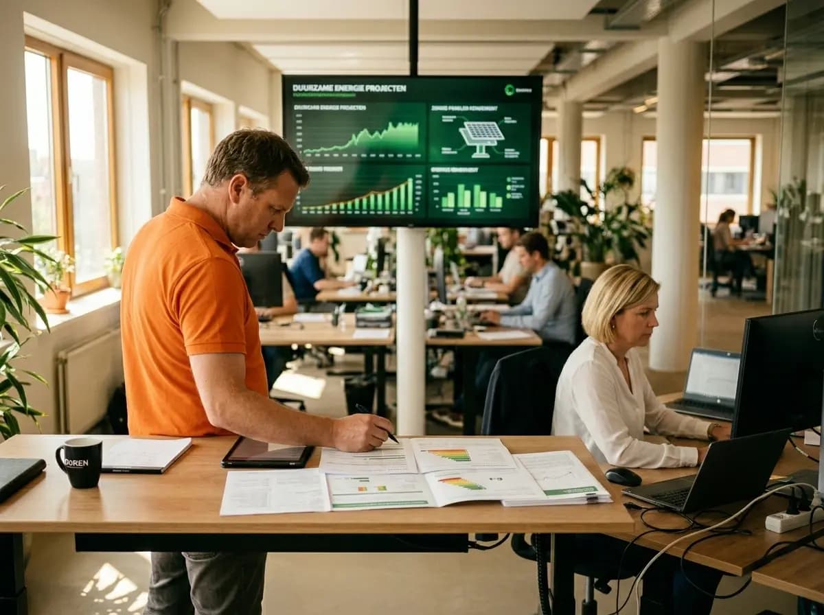 Facility manager analyseert energiebalancering en onbalansprijzen op kantoorscherm