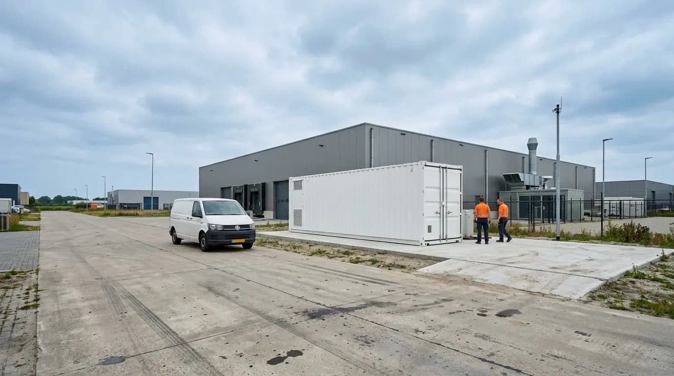 Batterijcontainer voor zakelijke energieopslag op Nederlands bedrijventerrein