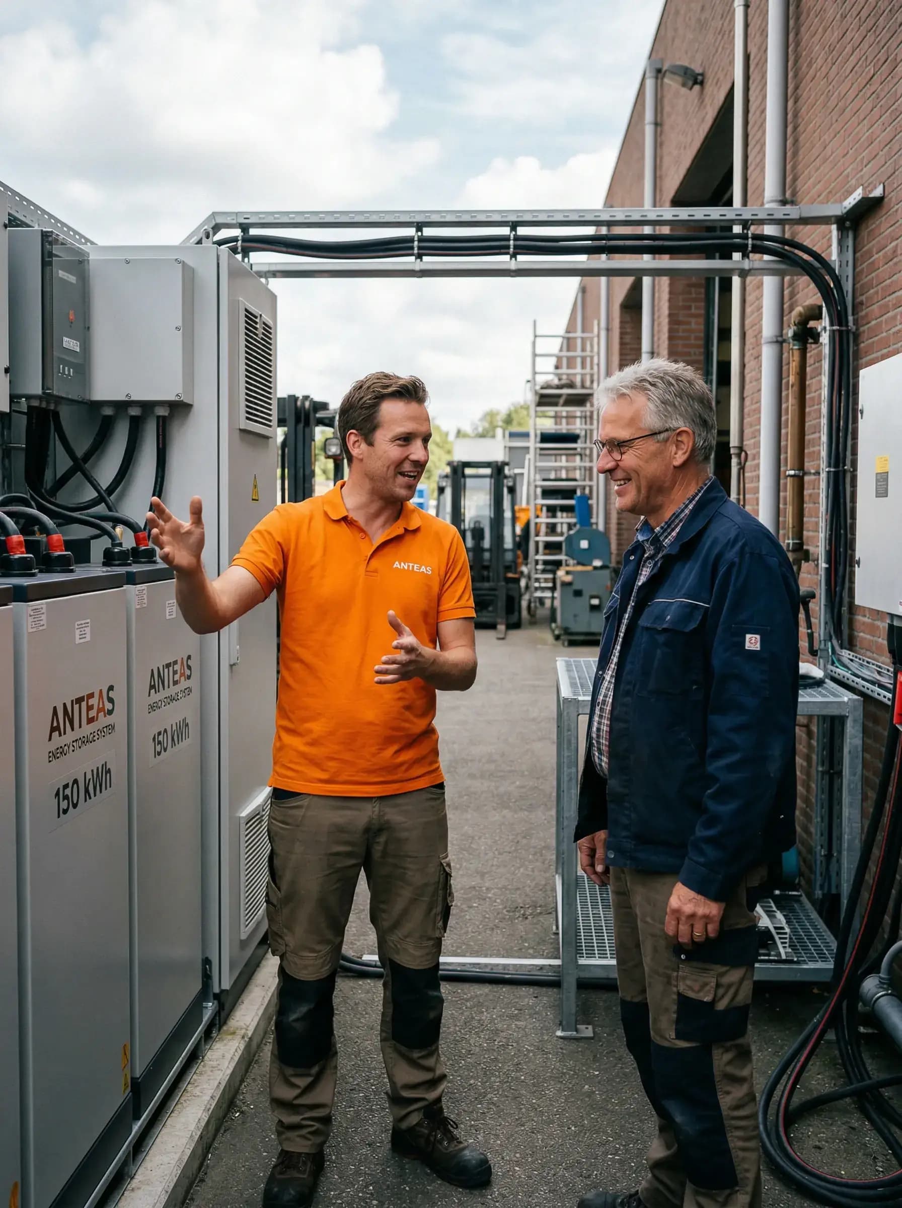 Anteas energieadviseur legt batterij energieopslag uit aan ondernemer