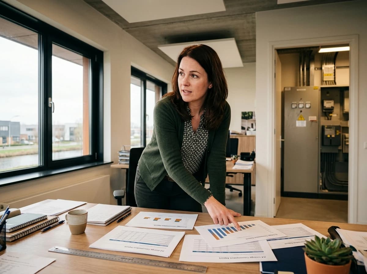 Energiemanagement dashboard toont peak shaving en batterijstatus op kantoor