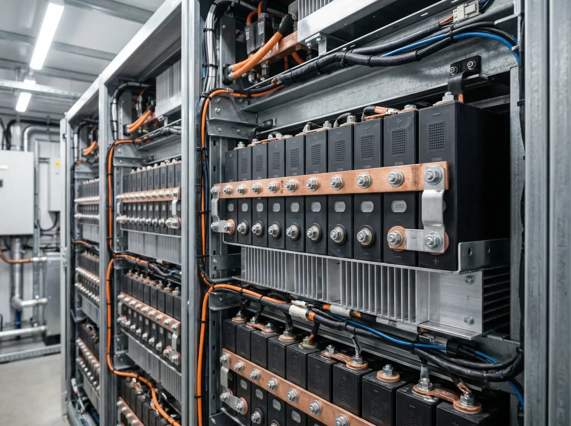 Detailopname van LFP batterij racks in energieopslagsysteem