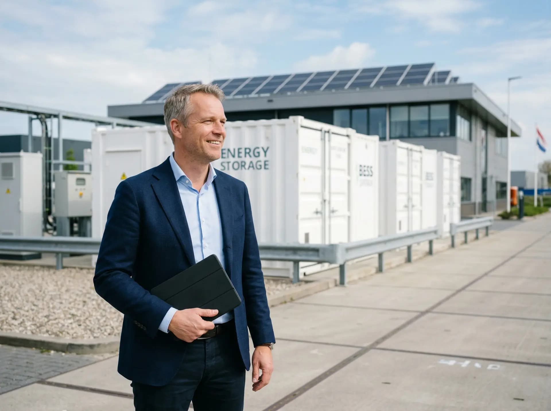 MKB-ondernemer bekijkt energiedata batterijopslag op tablet bij bedrijfspand