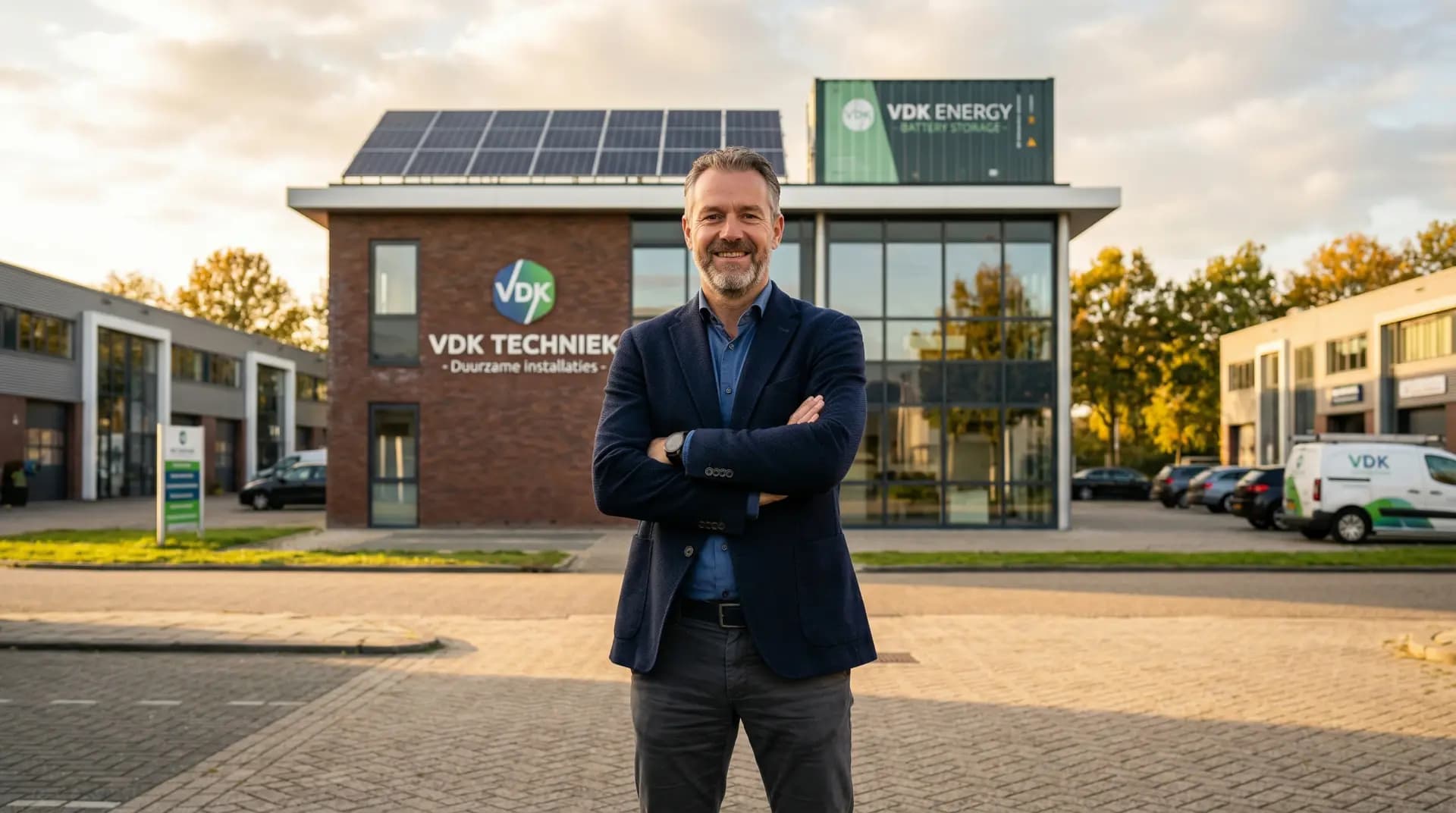 MKB-ondernemer bij batterijopslagsysteem naast bedrijfspand met zonnepanelen