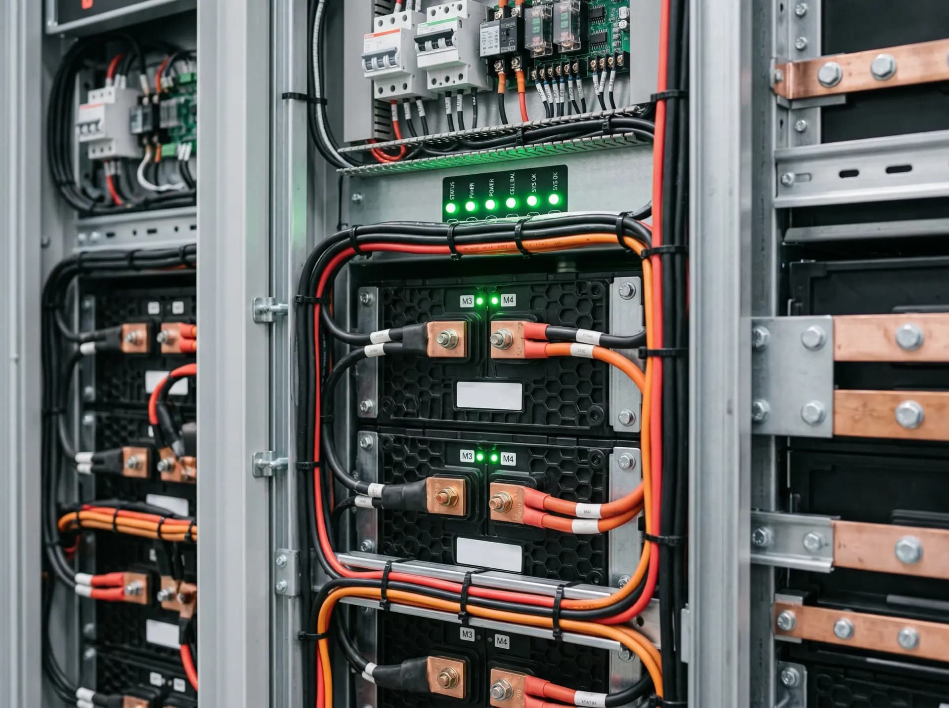 Detailopname zakelijk batterijopslagsysteem met netaansluiting in bedrijfspand