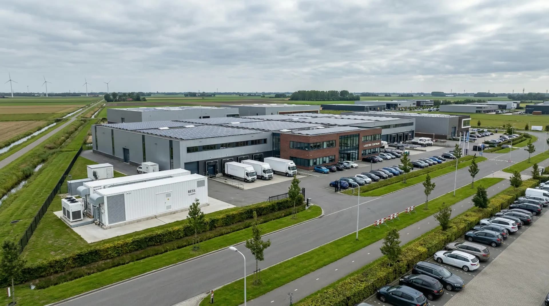 Nederlands bedrijventerrein met zonnepanelen en batterijopslag tegen netcongestie