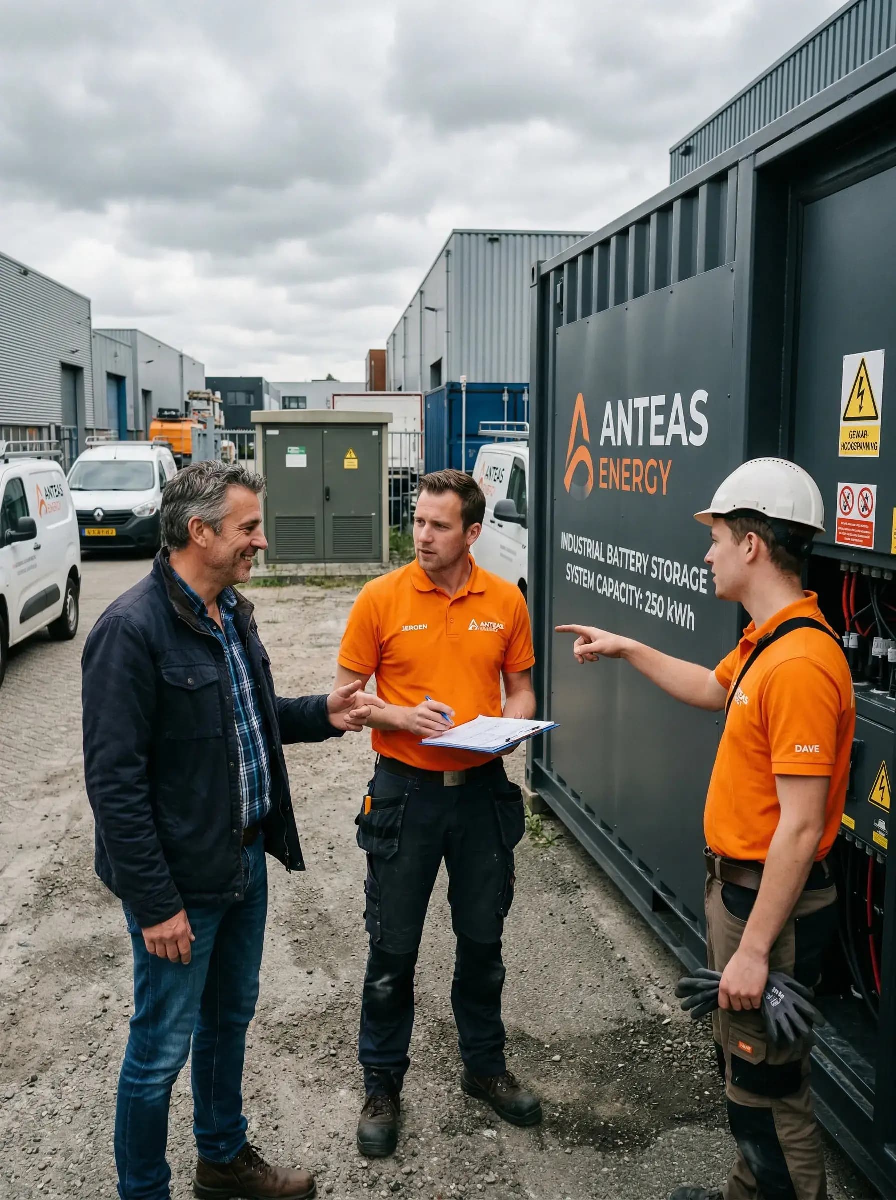 Ondernemer in gesprek met Anteas technici over batterij energieopslag