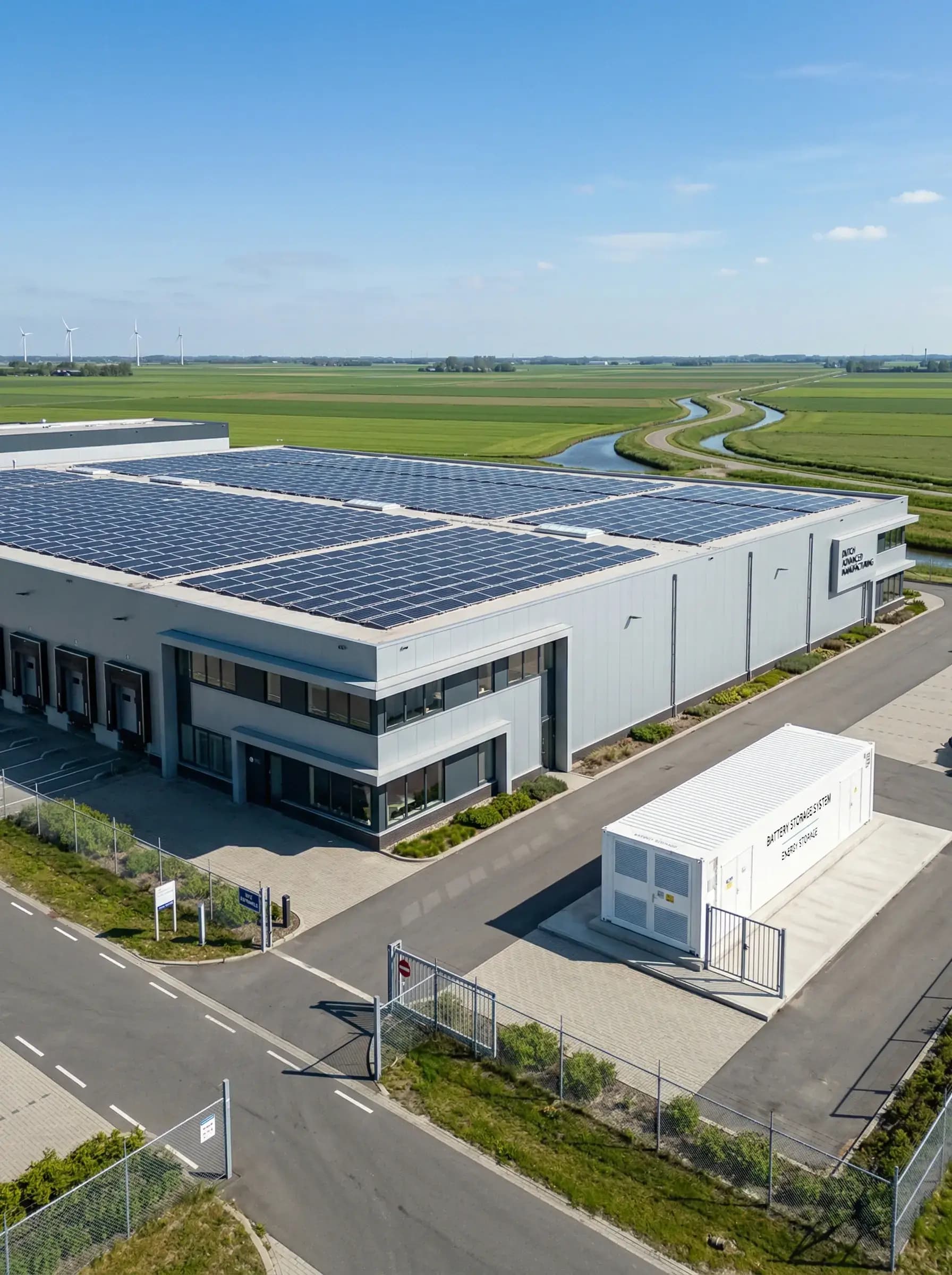 Productiebedrijf met machines en peak shaving batterijsysteem zichtbaar