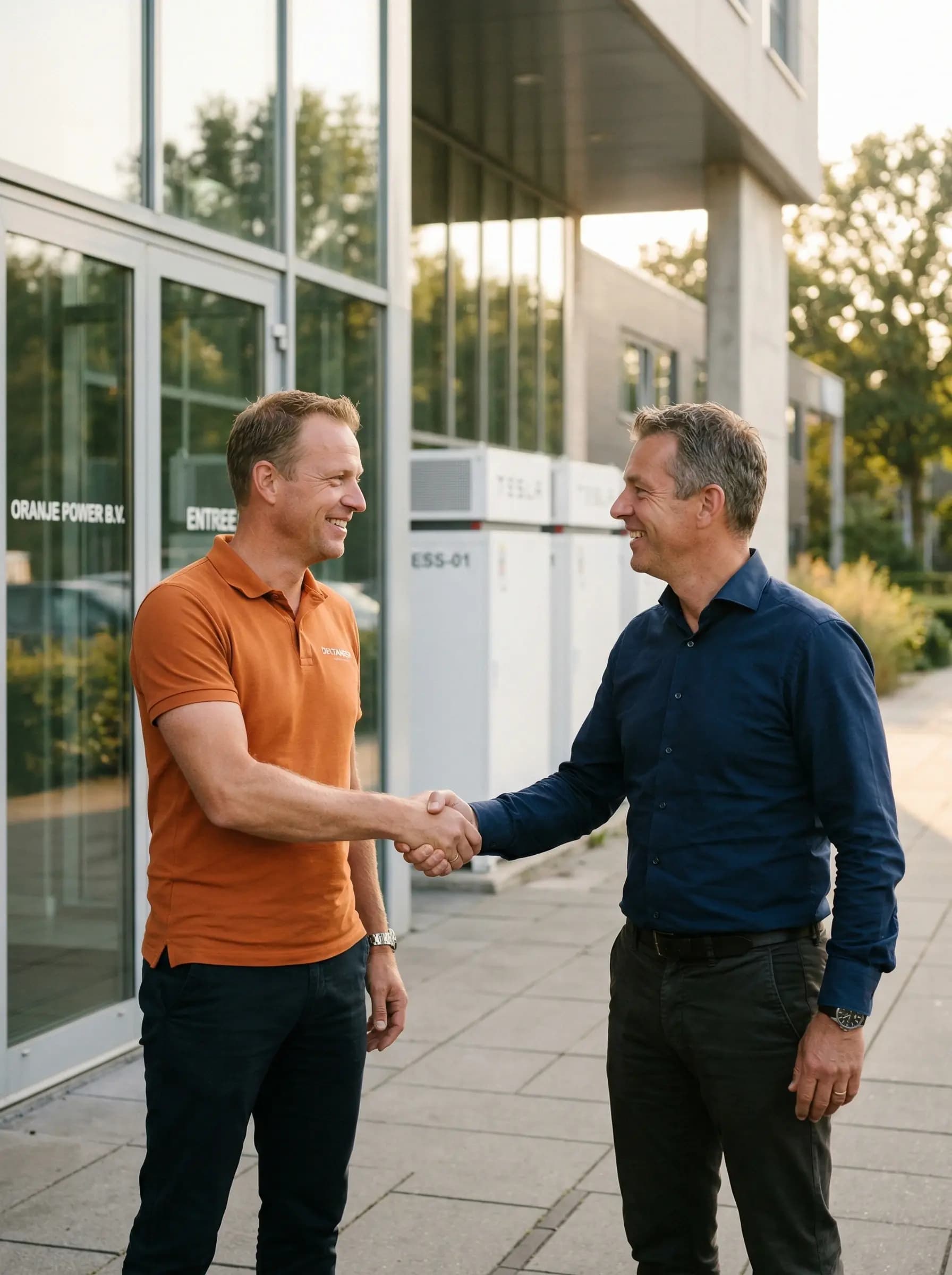 Energieadviseur overhandigt haalbaarheidsstudie aan MKB-ondernemer bij bedrijfspand