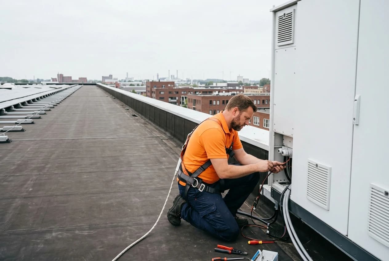 Zonnepanelen op plat bedrijfsdak met batterijkast op de voorgrond