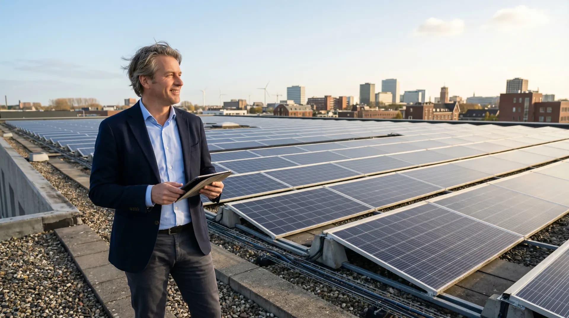 Bedrijfseigenaar bekijkt rapportage van energiesysteem op locatie met zonnepanelen