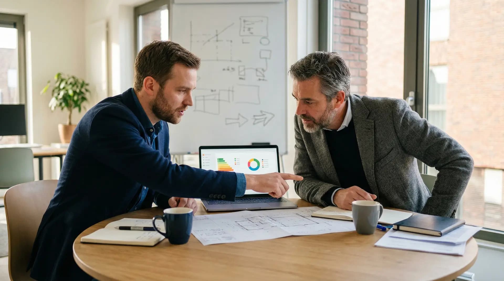 Adviseur bespreekt haalbaarheidsstudie met ondernemer op bedrijfslocatie