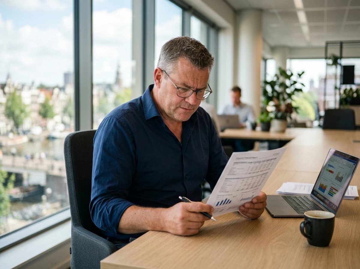 Ondernemer bekijkt financiele businesscase haalbaarheidsstudie op laptop